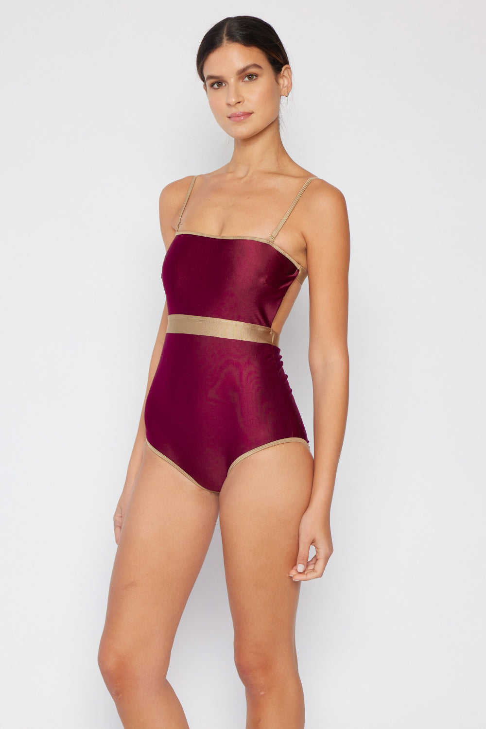 Marina West Swim Wave Break Contrast Trim One-Piece in Wine-Teresa&#39;s Fashionista LLC