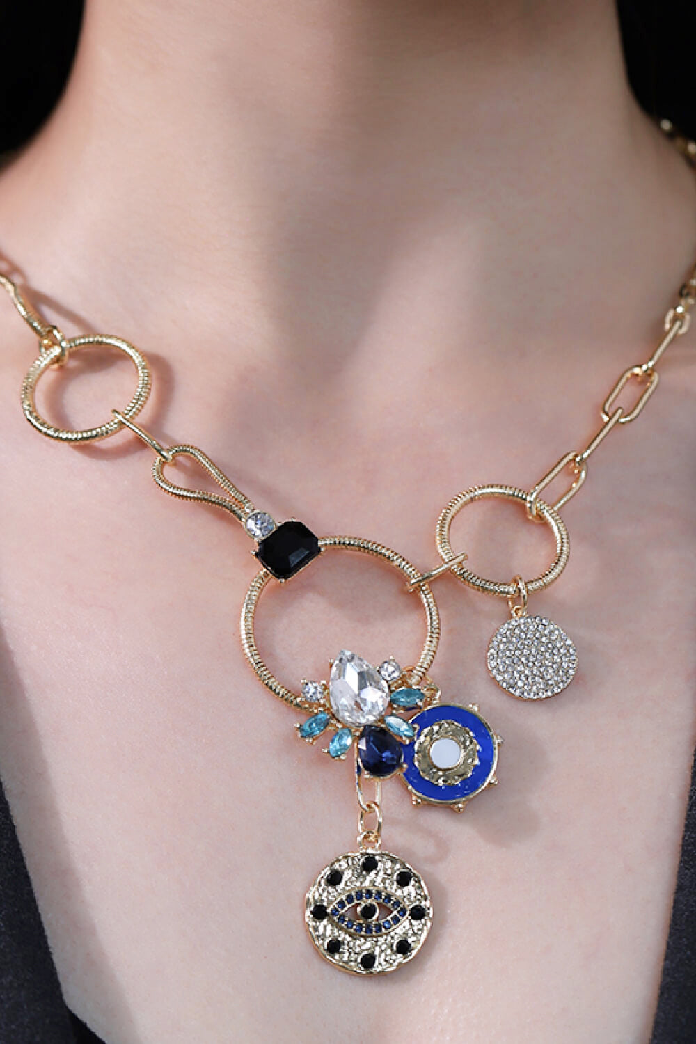 18K Gold-Plated Rhinestone Evil Eye Pendant Necklace-Teresa&#39;s Fashionista LLC