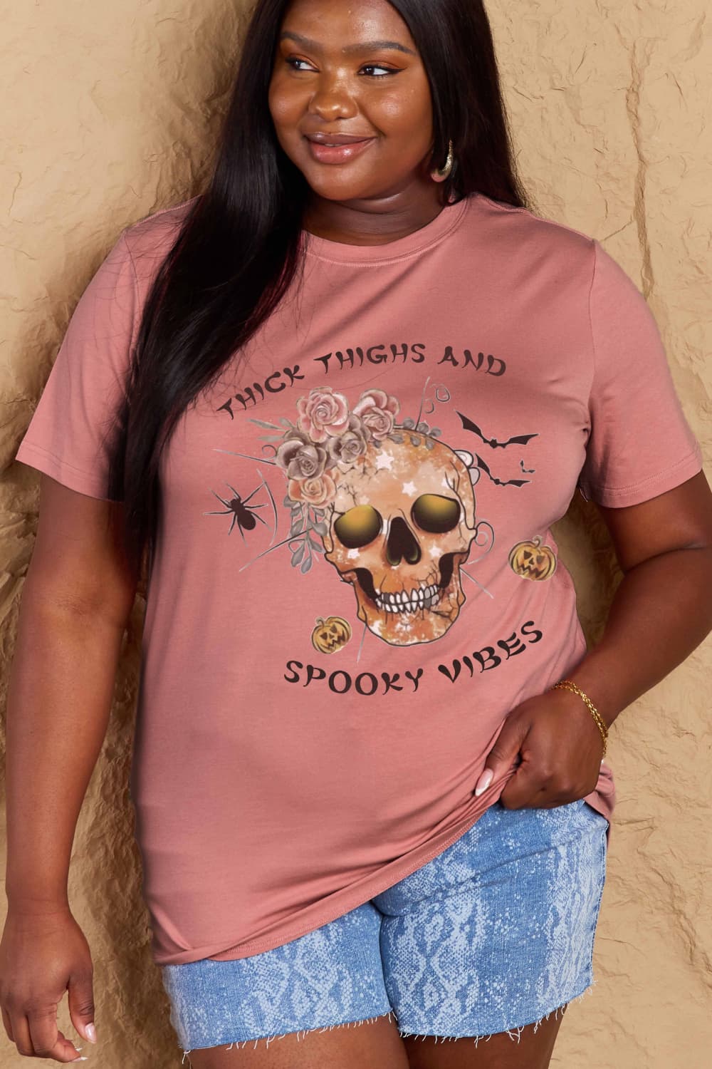 Simply Love Full Size THICK THIGHS AND SPOOKY VIBES Graphic Cotton T-Shirt-Teresa&#39;s Fashionista LLC