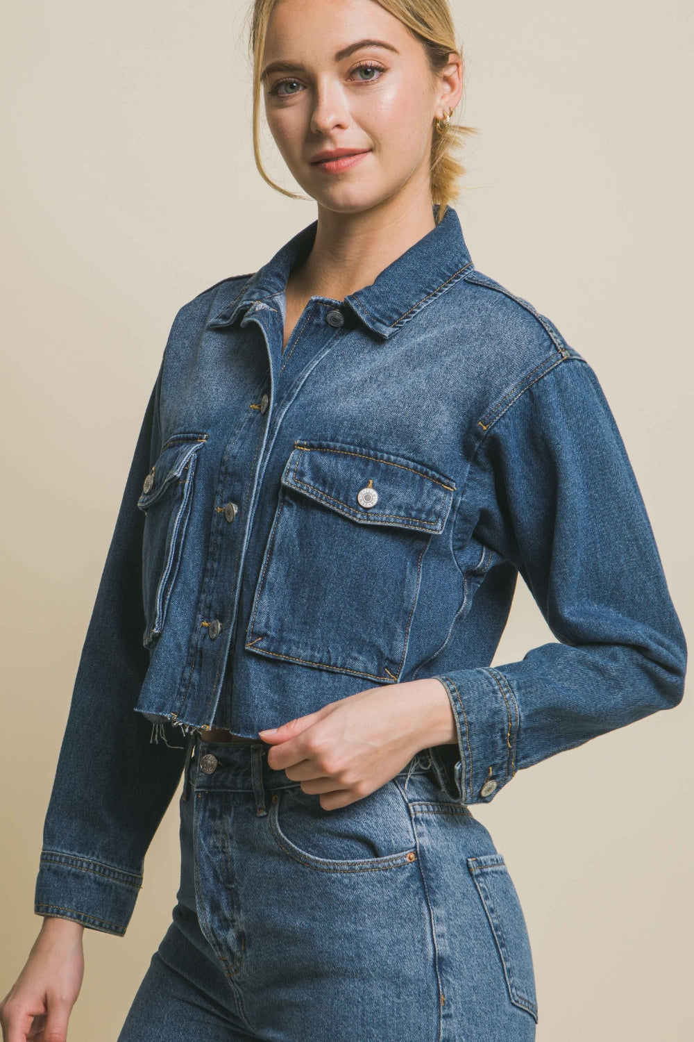 LOVE TREE Raw Hem Button Up Cropped Denim Jacket-Teresa&#39;s Fashionista LLC