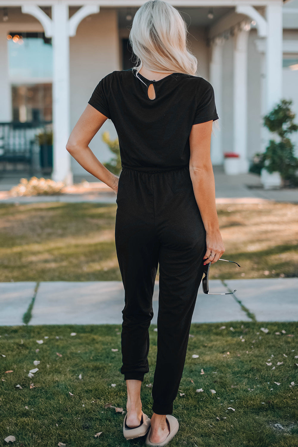 Belted V-Neck Jogger Jumpsuit-Teresa&#39;s Fashionista LLC