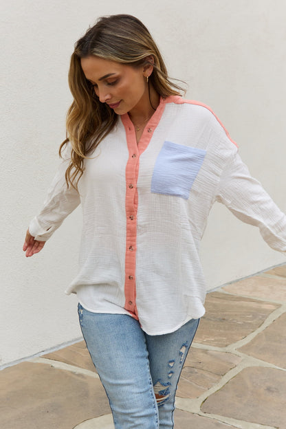 White Birch Full Size Color Block Woven Button Down Top-Teresa&#39;s Fashionista LLC