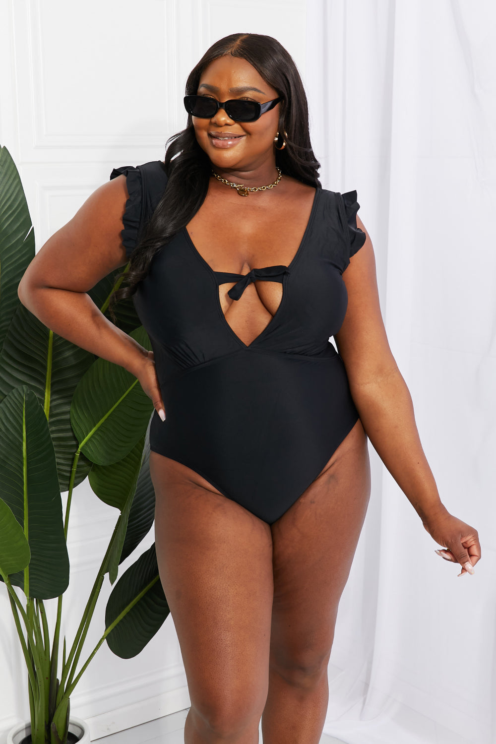 Marina West Swim Seashell Ruffle Sleeve One-Piece in Black-Teresa&#39;s Fashionista LLC