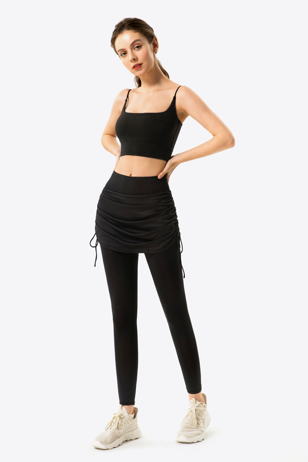 Drawstring Ruched Faux Layered Yoga Leggings-Teresa&#39;s Fashionista LLC