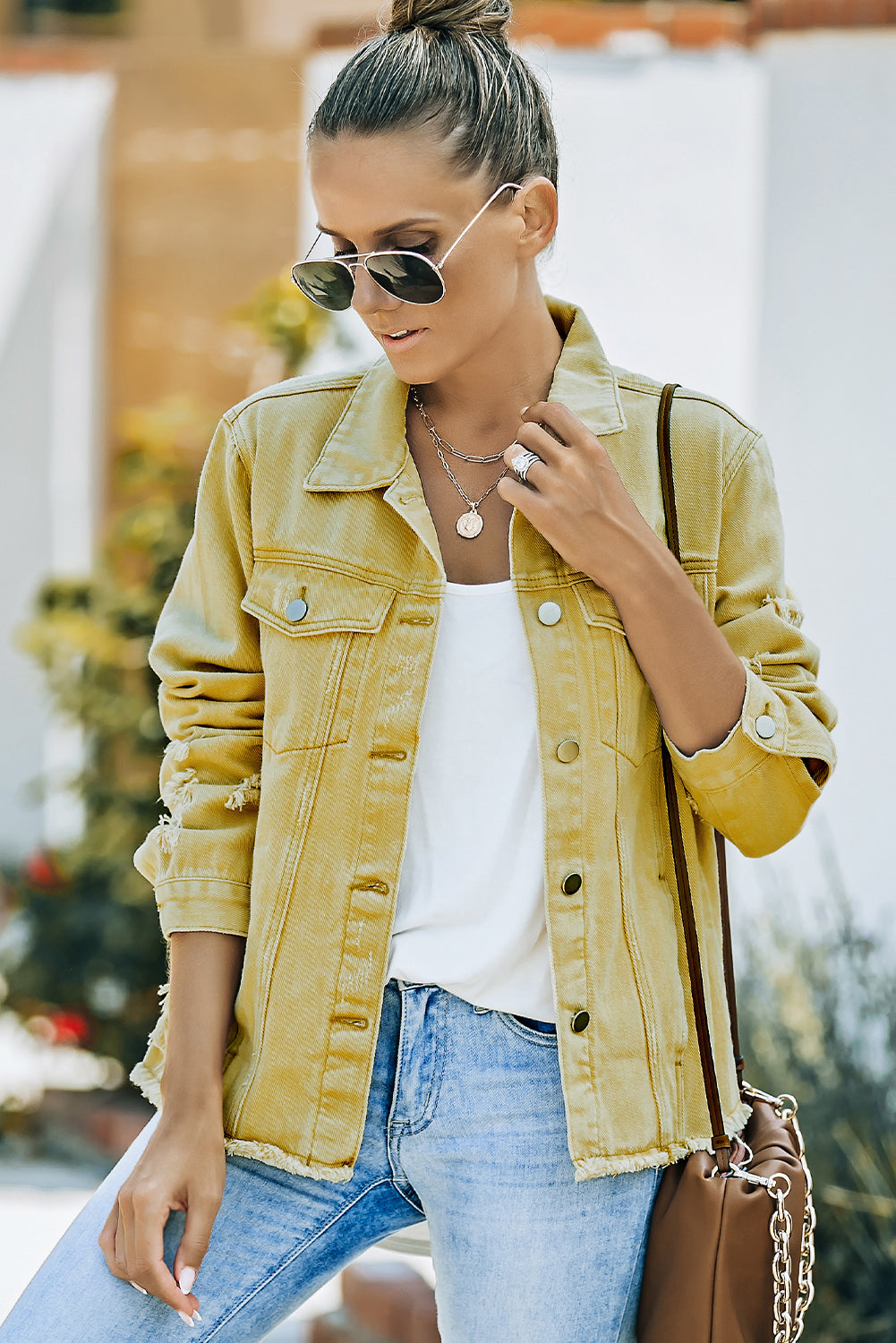 Distressed Raw Hem Denim Jacket-Teresa&#39;s Fashionista LLC