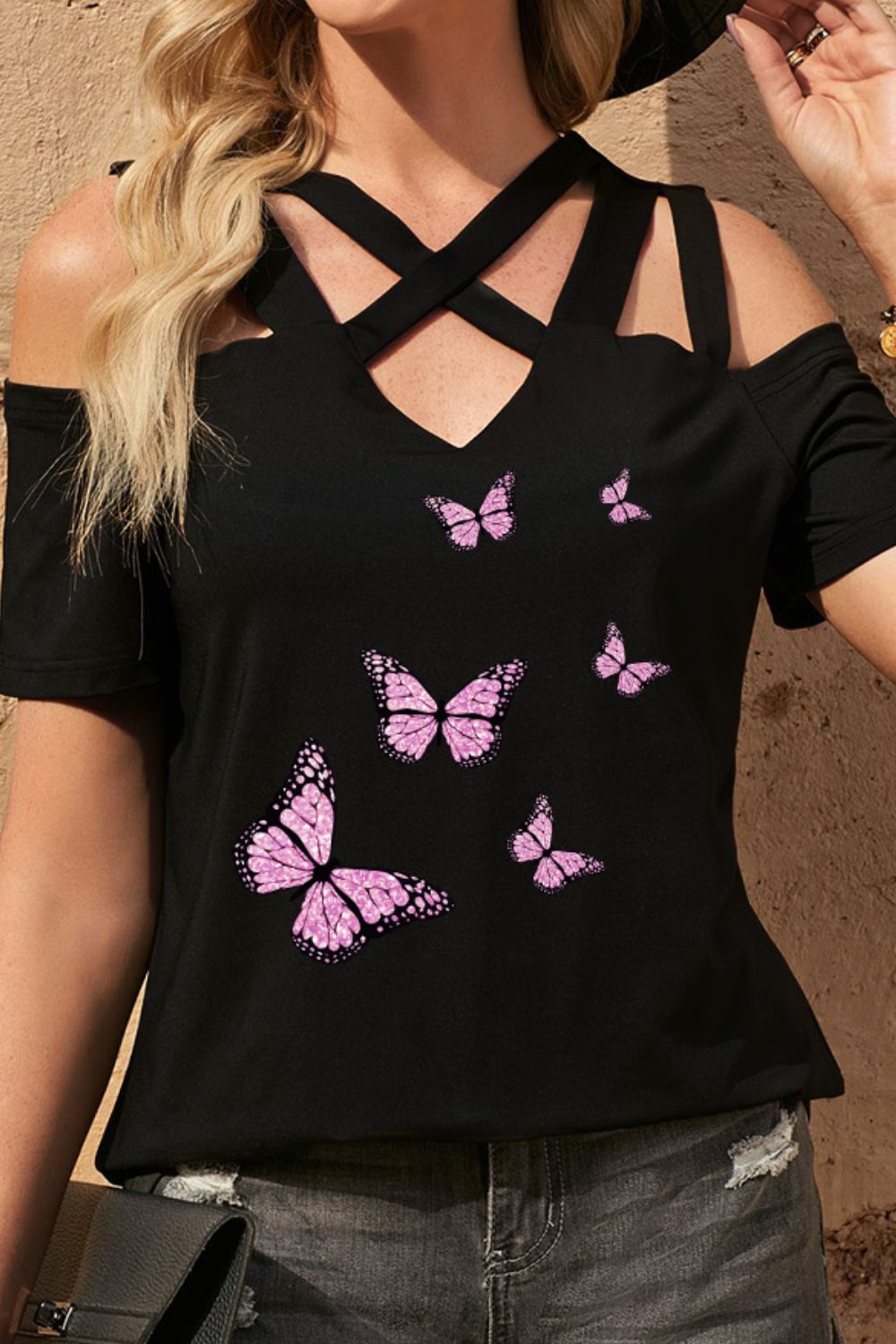 Butterfly Graphic Strappy Cold-Shoulder Top-Teresa&#39;s Fashionista LLC