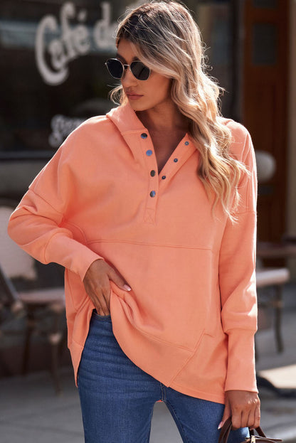 Quarter-Snap Dropped Shoulder Hoodie-Teresa&#39;s Fashionista LLC