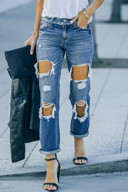 Distressed Frayed Trim Straight Leg Jeans-Teresa&#39;s Fashionista LLC