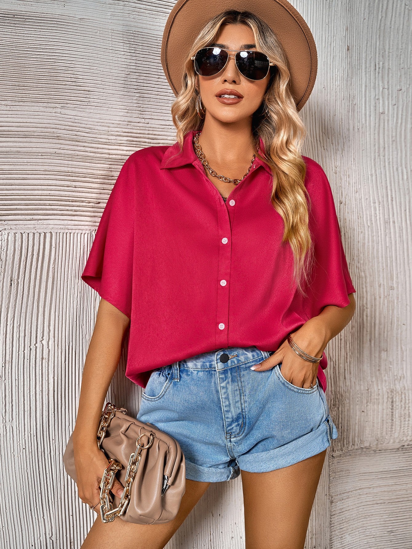 Button Front Dolman Sleeve Shirt-Teresa&#39;s Fashionista LLC