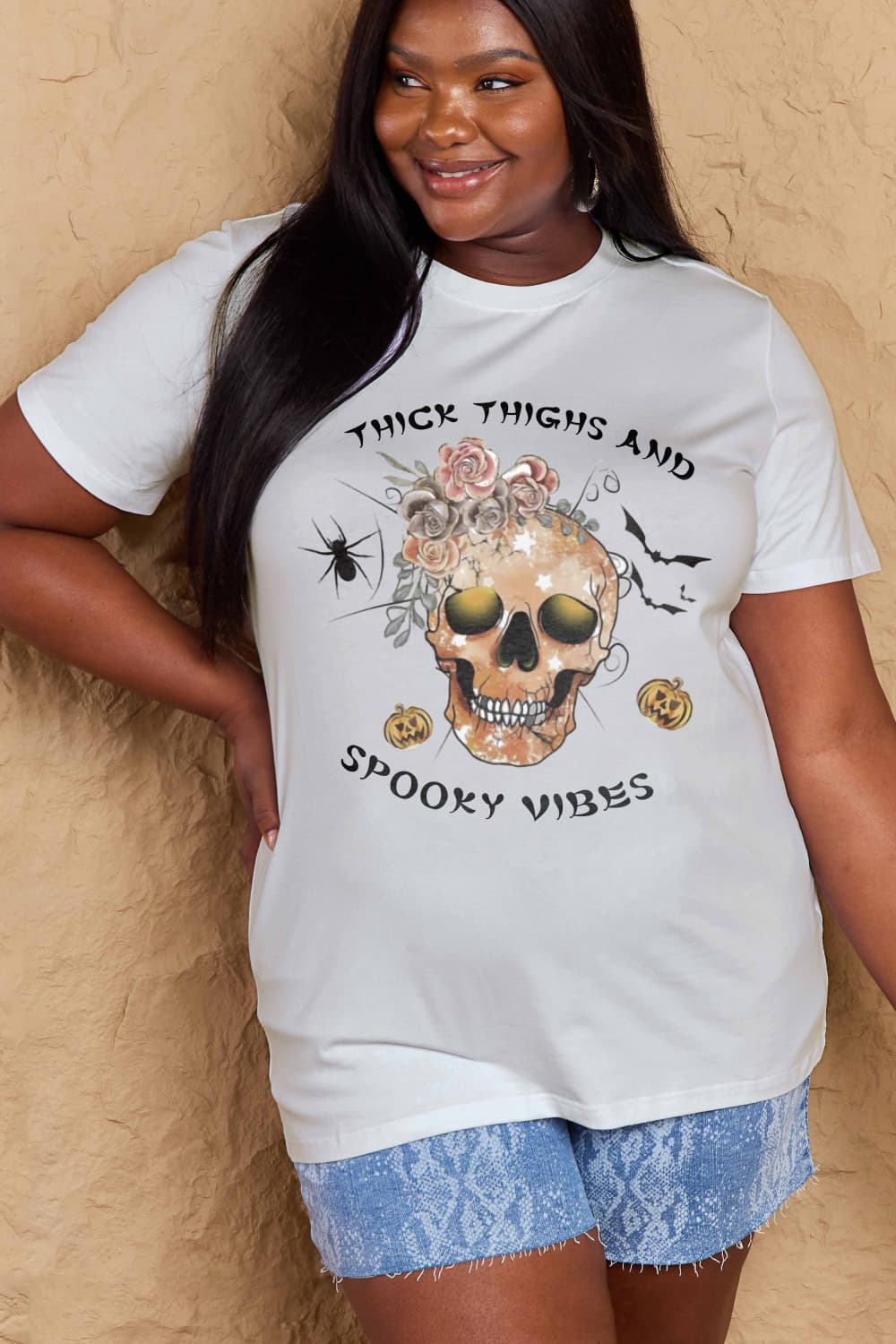 Simply Love Full Size THICK THIGHS AND SPOOKY VIBES Graphic Cotton T-Shirt-Teresa&#39;s Fashionista LLC