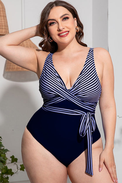 Plus Size Striped Tie-Waist One-Piece Swimsuit-Teresa&#39;s Fashionista LLC