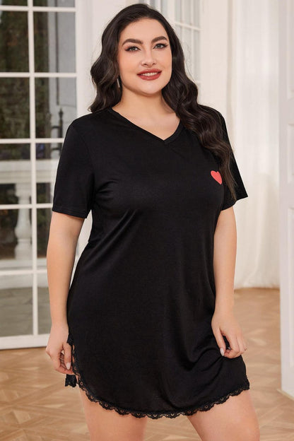 Plus Size Lace Trim V-Neck Short Sleeve Night Dress-Teresa&#39;s Fashionista LLC