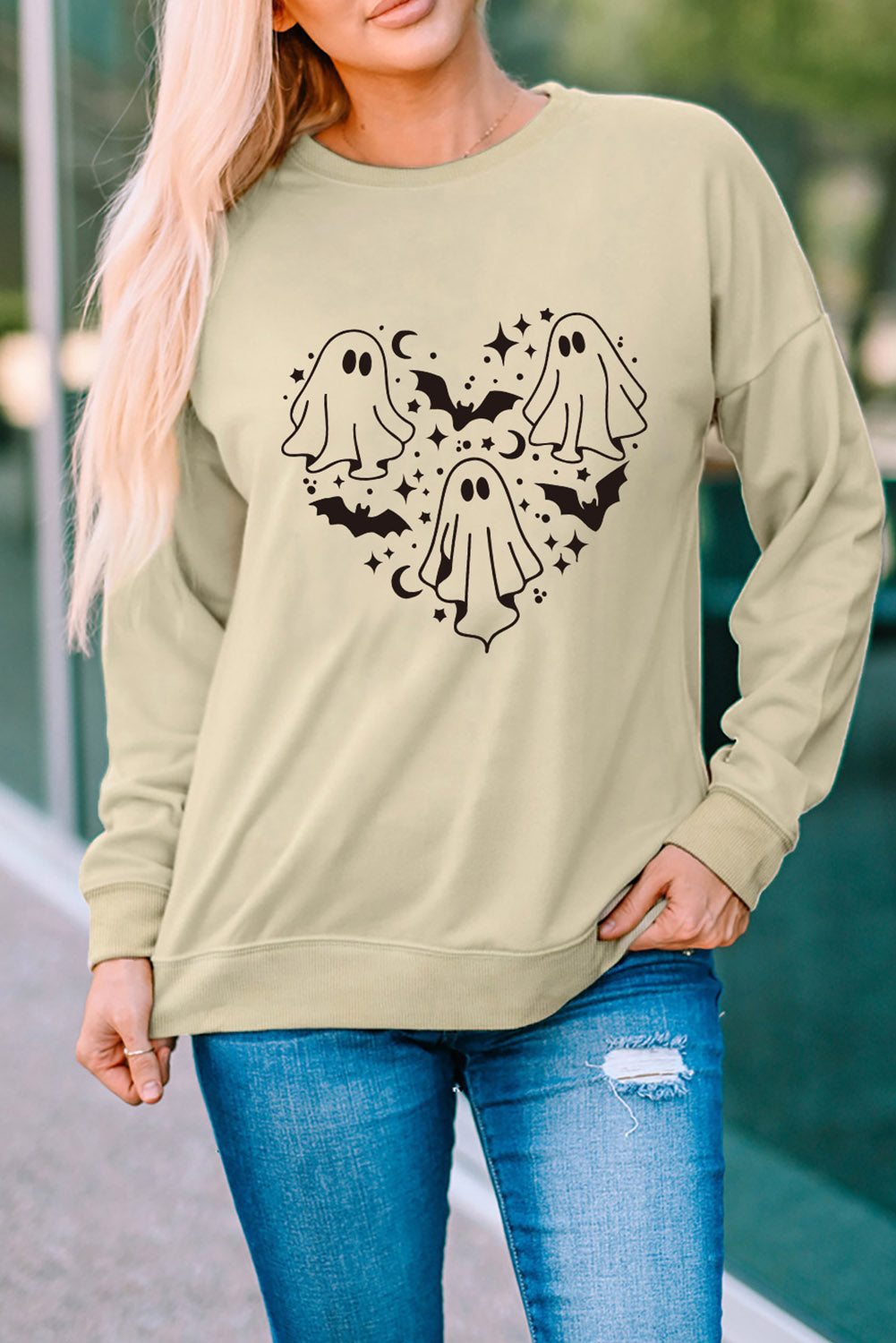 Round Neck Dropped Shoulder Ghost Graphic Sweatshirt-Teresa&#39;s Fashionista LLC