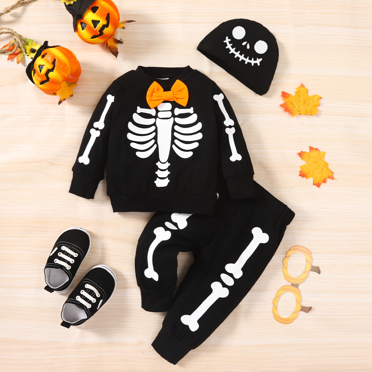 Skeleton Pattern Round Neck Sweatshirt and Bone Pattern Pants Set-Teresa&#39;s Fashionista LLC