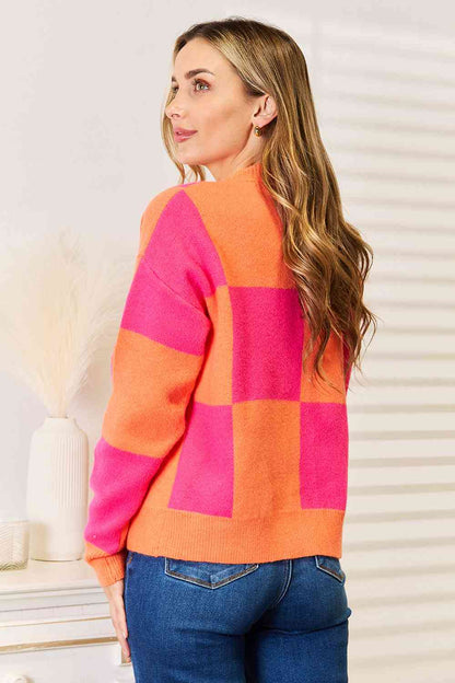 Woven Right Checkered V-Neck Dropped Shoulder Cardigan-Teresa&#39;s Fashionista LLC