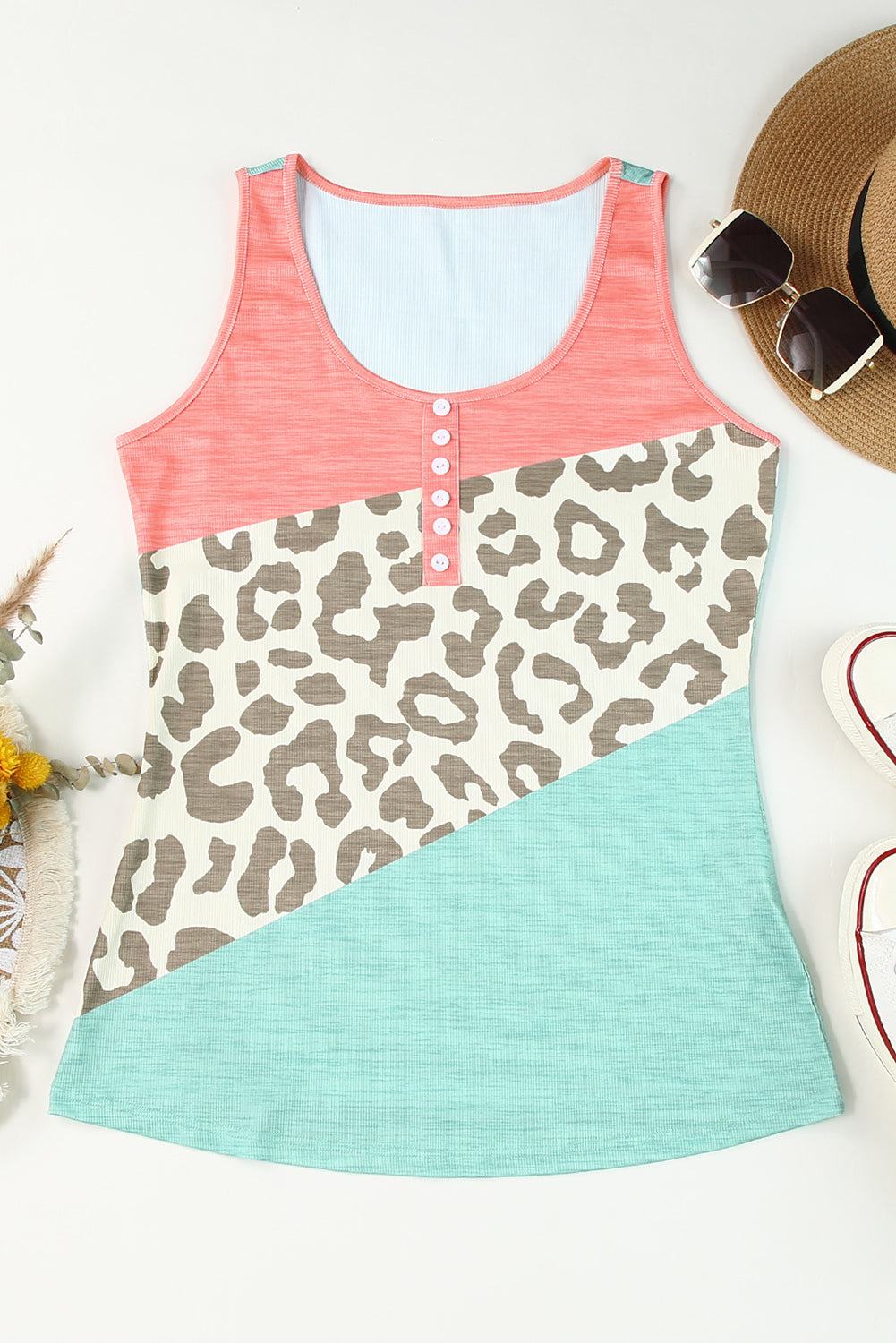 Leopard Color Block Decorative Button Tank-Teresa&#39;s Fashionista LLC