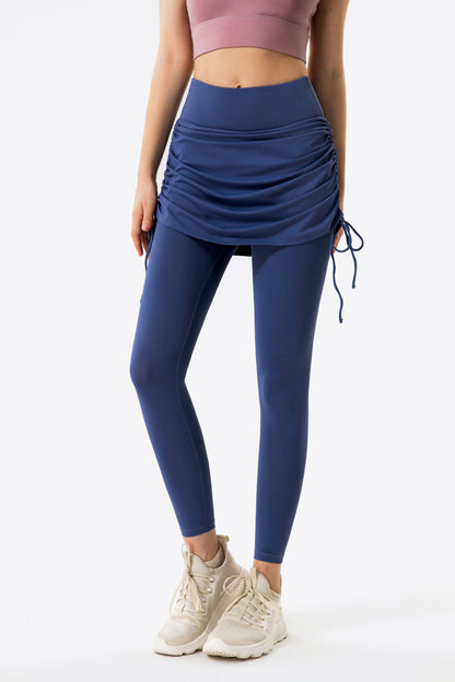 Drawstring Ruched Faux Layered Yoga Leggings-Teresa&#39;s Fashionista LLC