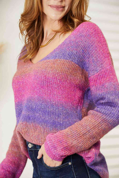 Double Take Multicolored Rib-Knit V-Neck Knit Pullover-Teresa&#39;s Fashionista LLC