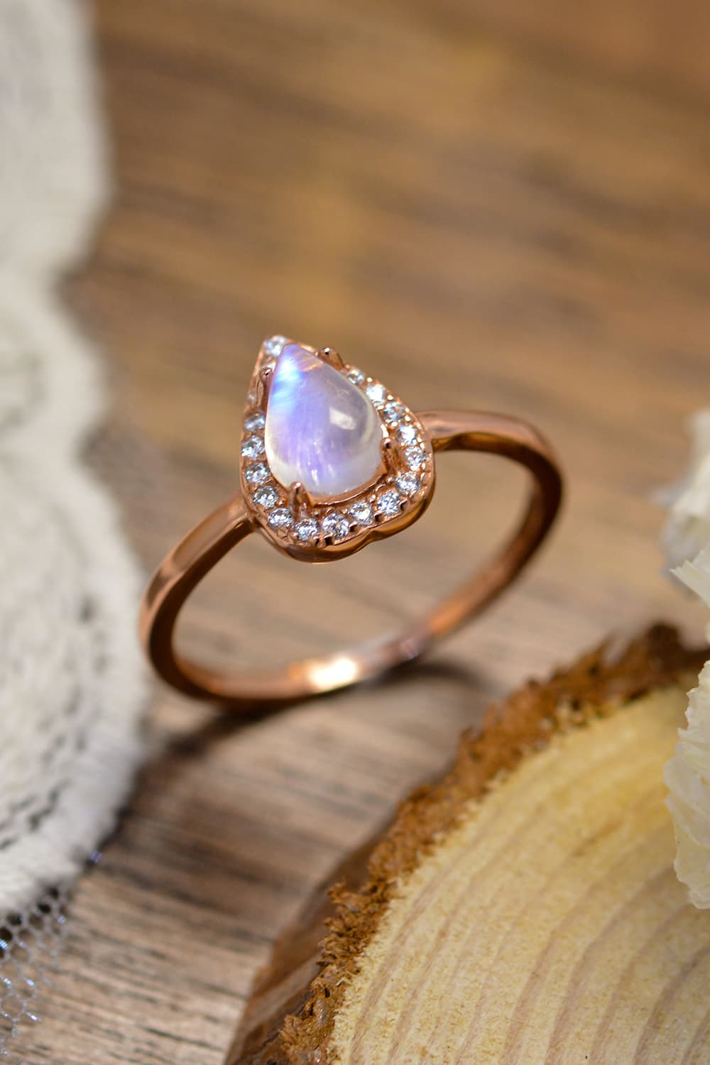 Moonstone Teardrop 925 Sterling Silver Halo Ring-Teresa&#39;s Fashionista LLC