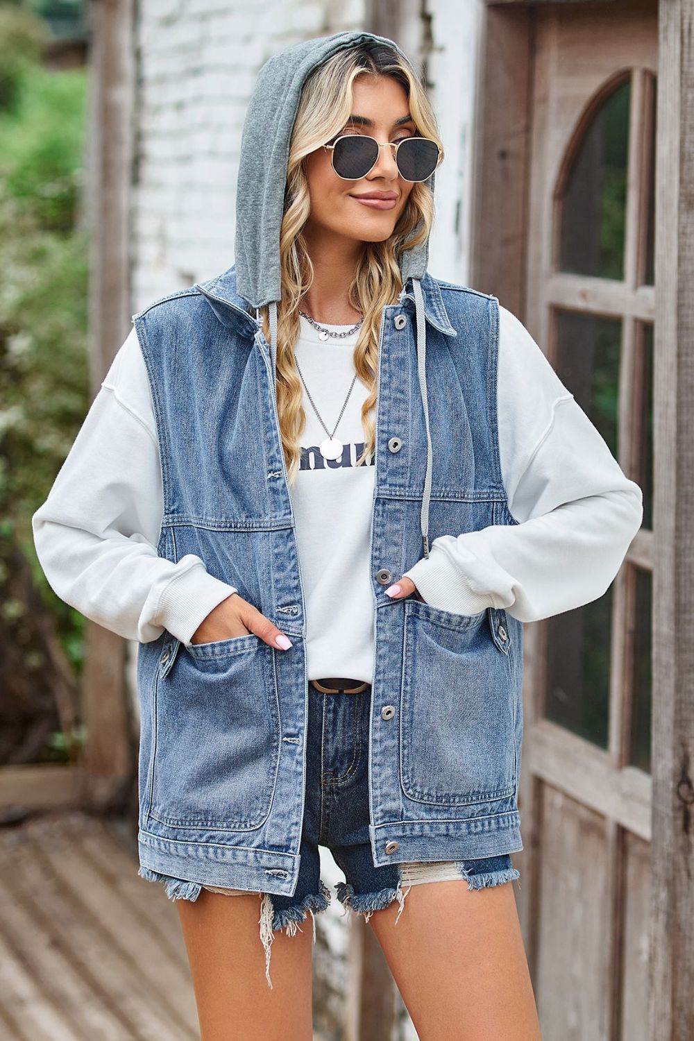 Sleeveless Denim Top with A Detachable Hood-Teresa&#39;s Fashionista LLC