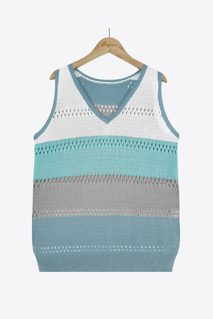 Striped Openwork V-Neck Knit Tank-Teresa&#39;s Fashionista LLC