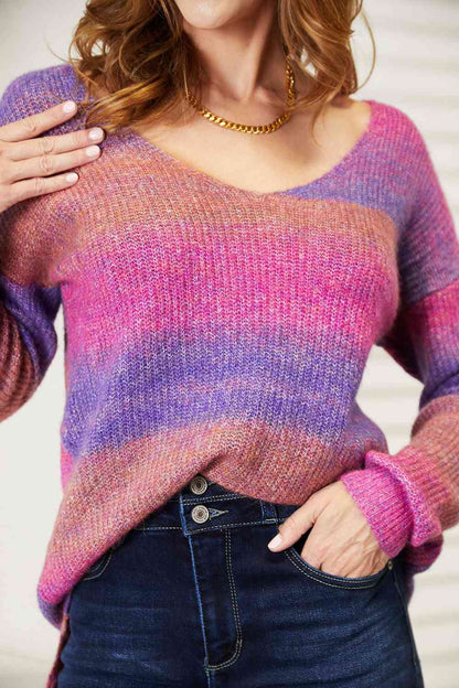 Double Take Multicolored Rib-Knit V-Neck Knit Pullover-Teresa&#39;s Fashionista LLC