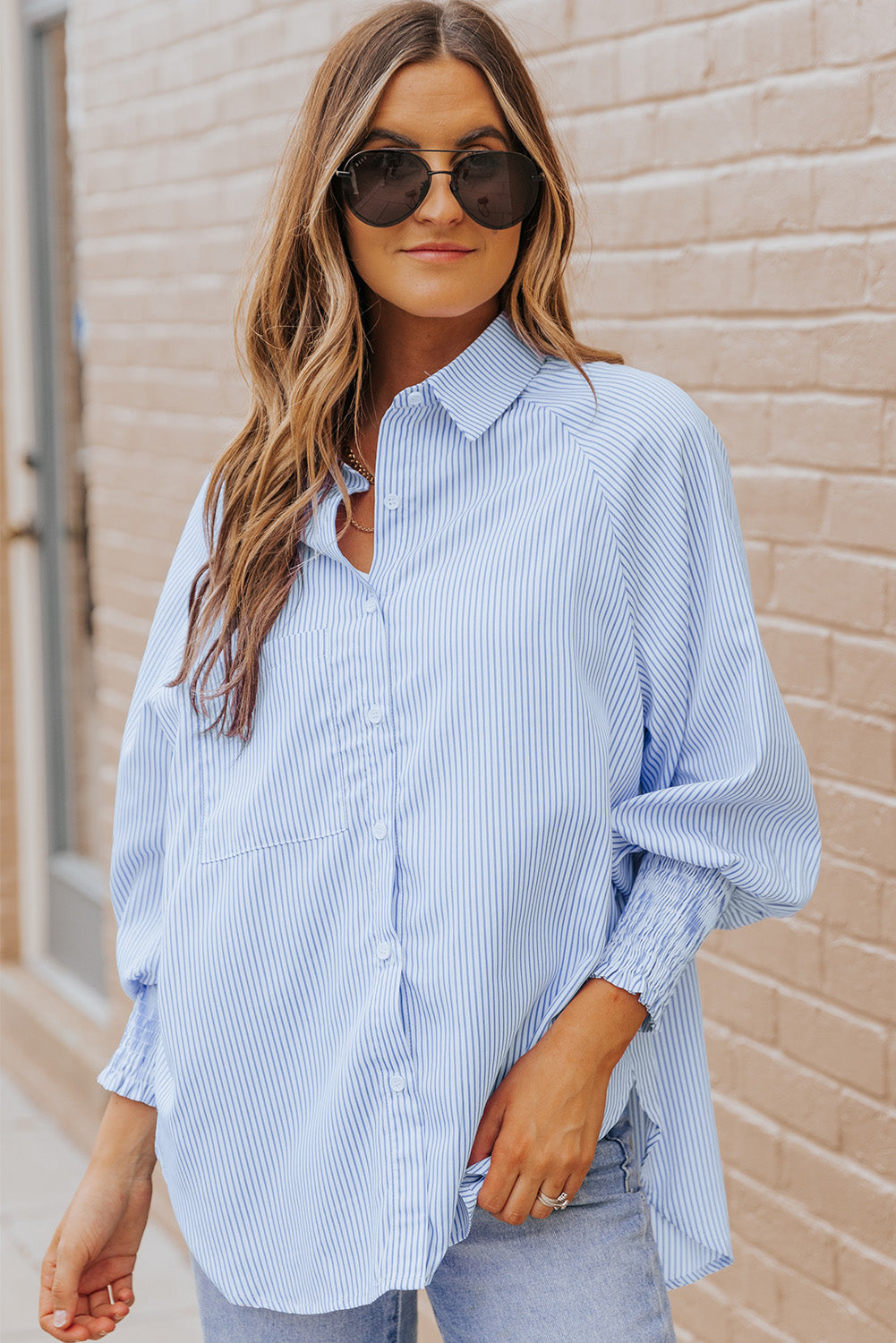 Striped Lantern Sleeve Collared Shirt-Teresa&#39;s Fashionista LLC