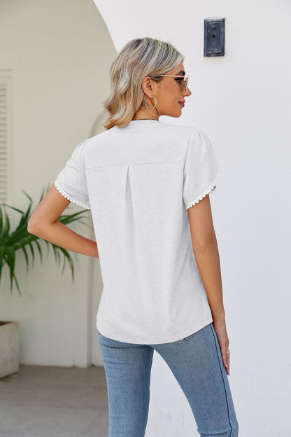 Pom-Pom Trim Petal Sleeve Notched Neck Top-Teresa&#39;s Fashionista LLC