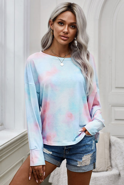 Tie-Dye Boat Neck Batwing Sleeve Tee-Teresa&#39;s Fashionista LLC