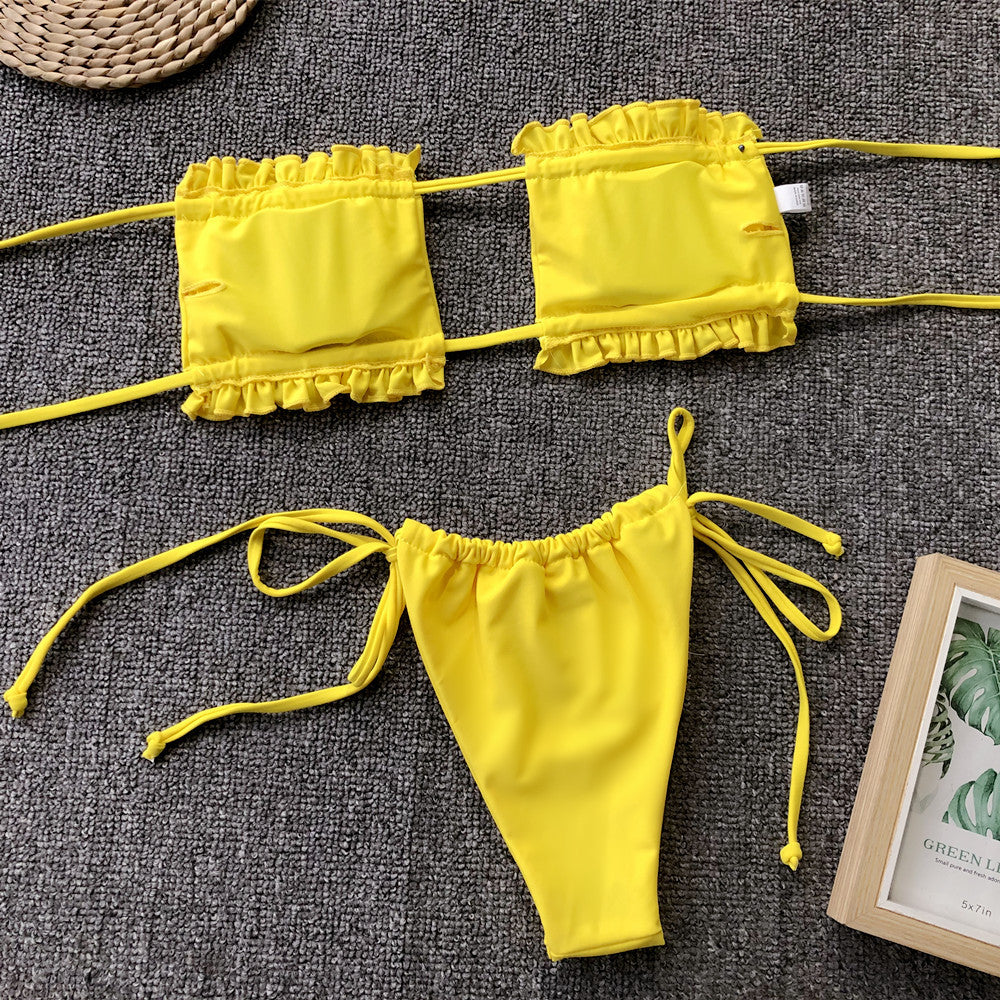 Frill Trim Ruched Bikini Set-Teresa&#39;s Fashionista LLC