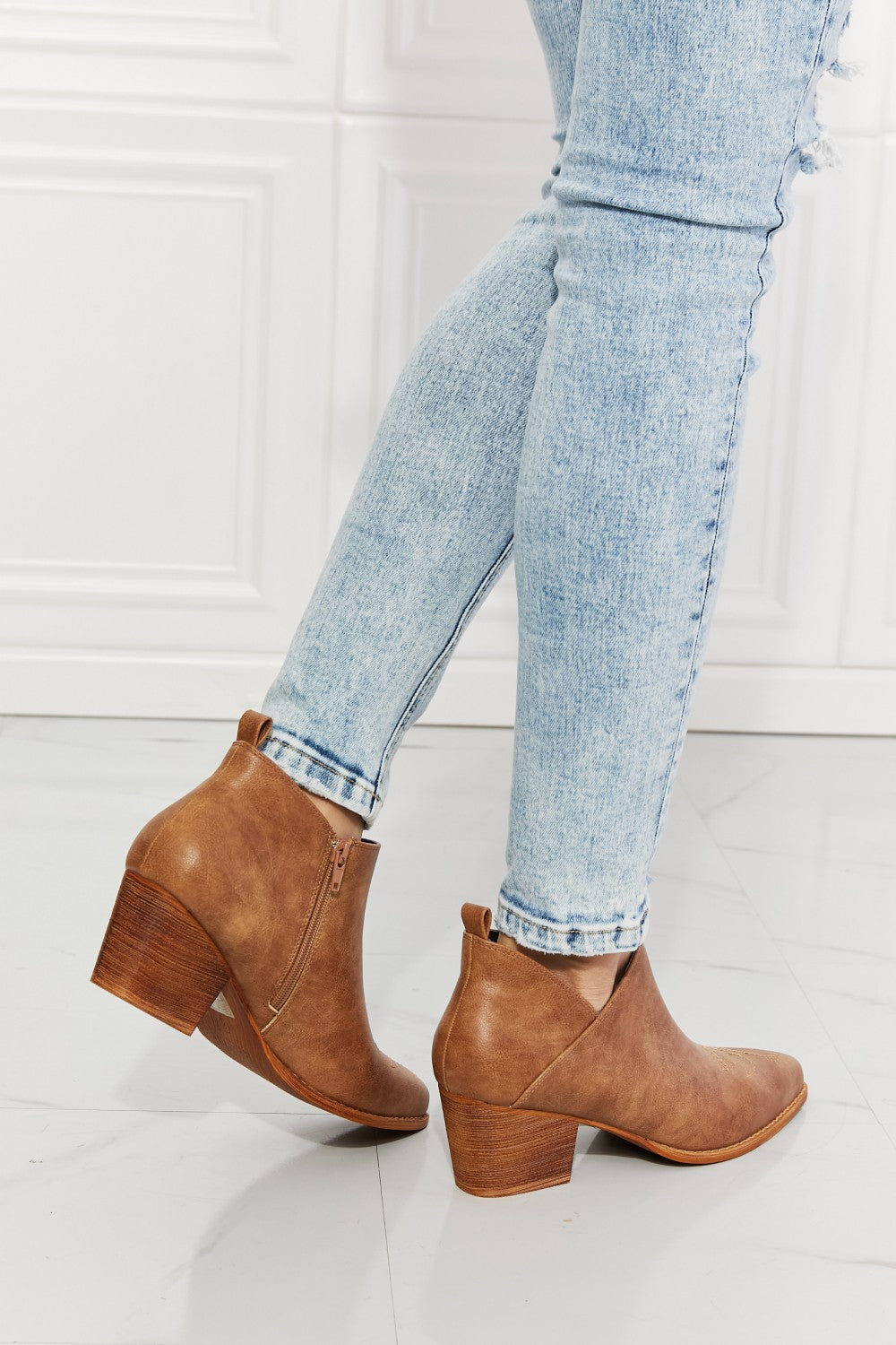 MMShoes Trust Yourself Embroidered Crossover Cowboy Bootie in Caramel-Teresa&#39;s Fashionista LLC