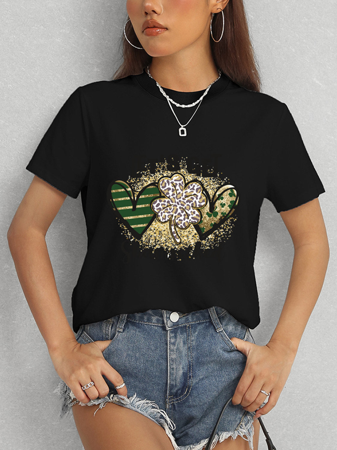 Lucky Clover Round Neck Short Sleeve T-Shirt-Teresa&#39;s Fashionista LLC