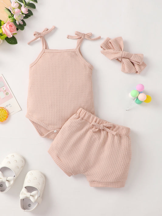 Baby Girl Waffle-Knit Tie-Shoulder Top and Shorts Set-Teresa&#39;s Fashionista LLC