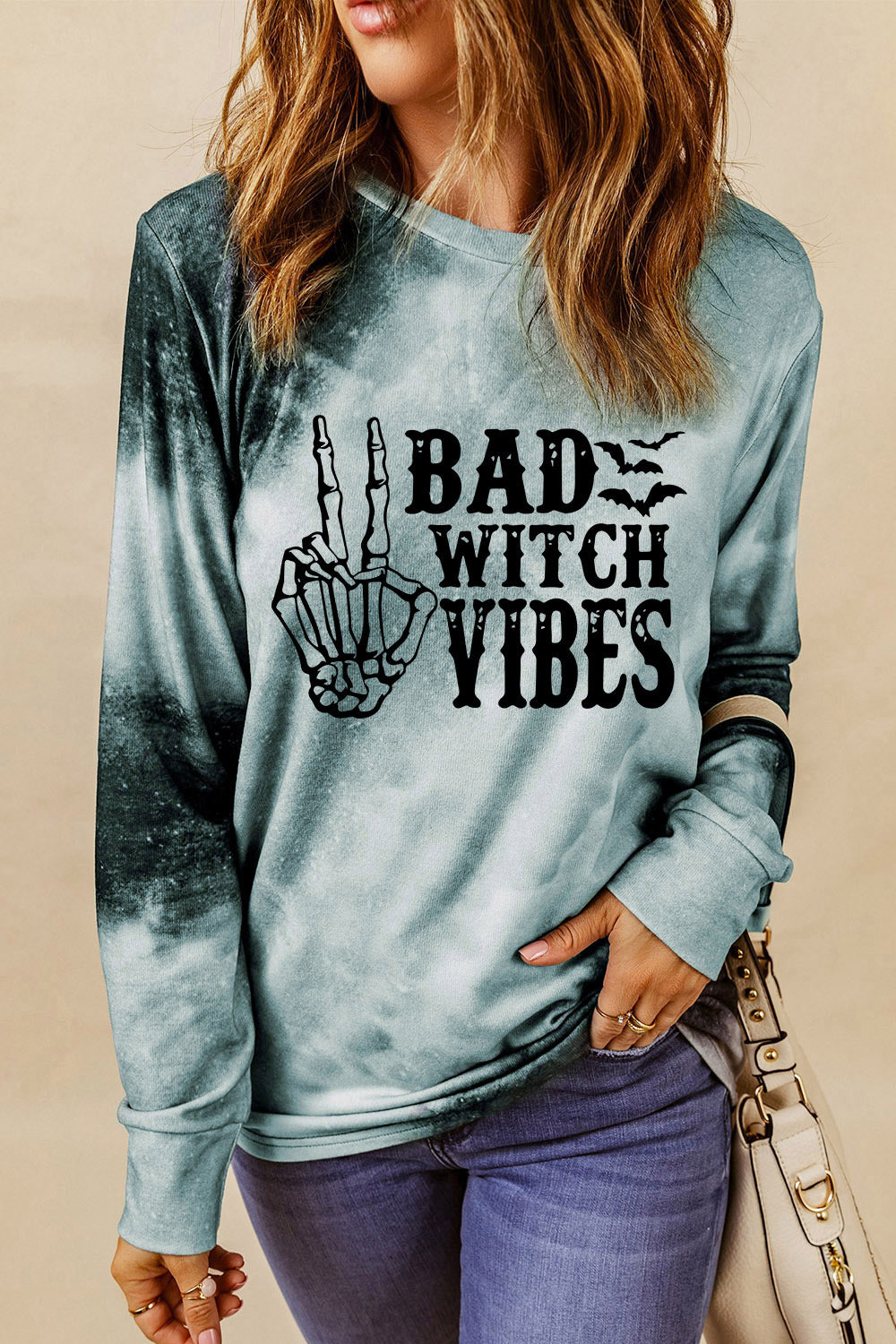 Round Neck Long Sleeve BAD WITCH VIBES Sweatshirt-Teresa&#39;s Fashionista LLC