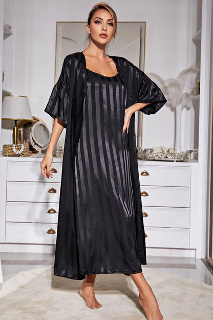 Striped Flounce Sleeve Open Front Robe and Cami Dress Set-Teresa&#39;s Fashionista LLC