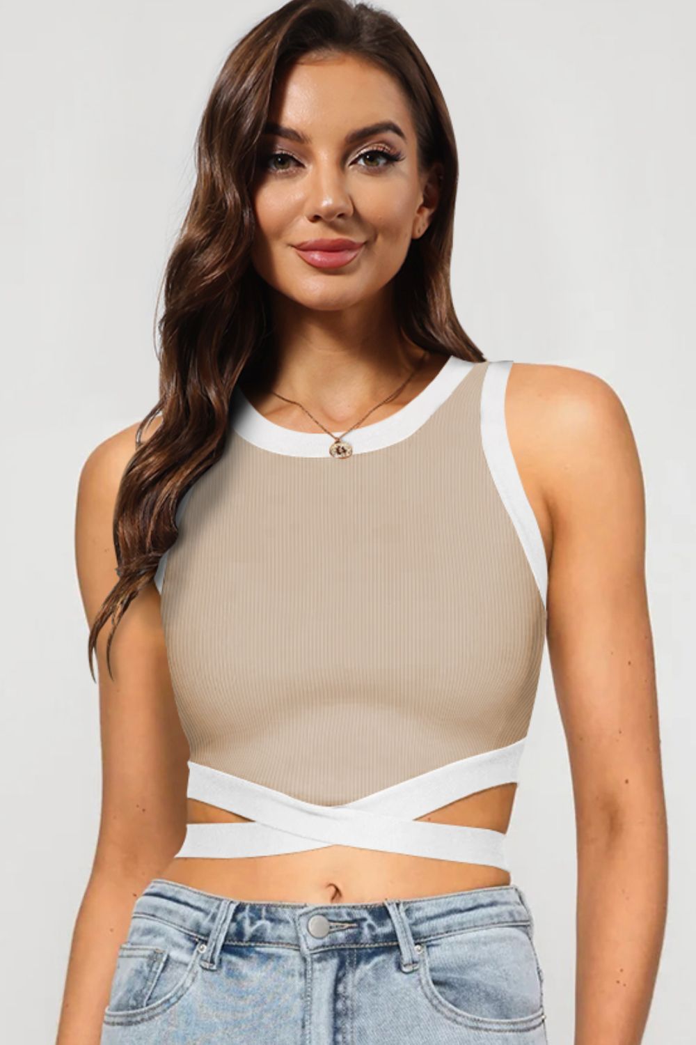 Contrast Tie Back Round Neck Tank-Teresa&#39;s Fashionista LLC