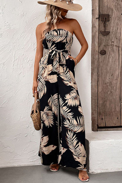 Printed Strapless Wide Leg Jumpsuit with Pockets-Teresa&#39;s Fashionista LLC