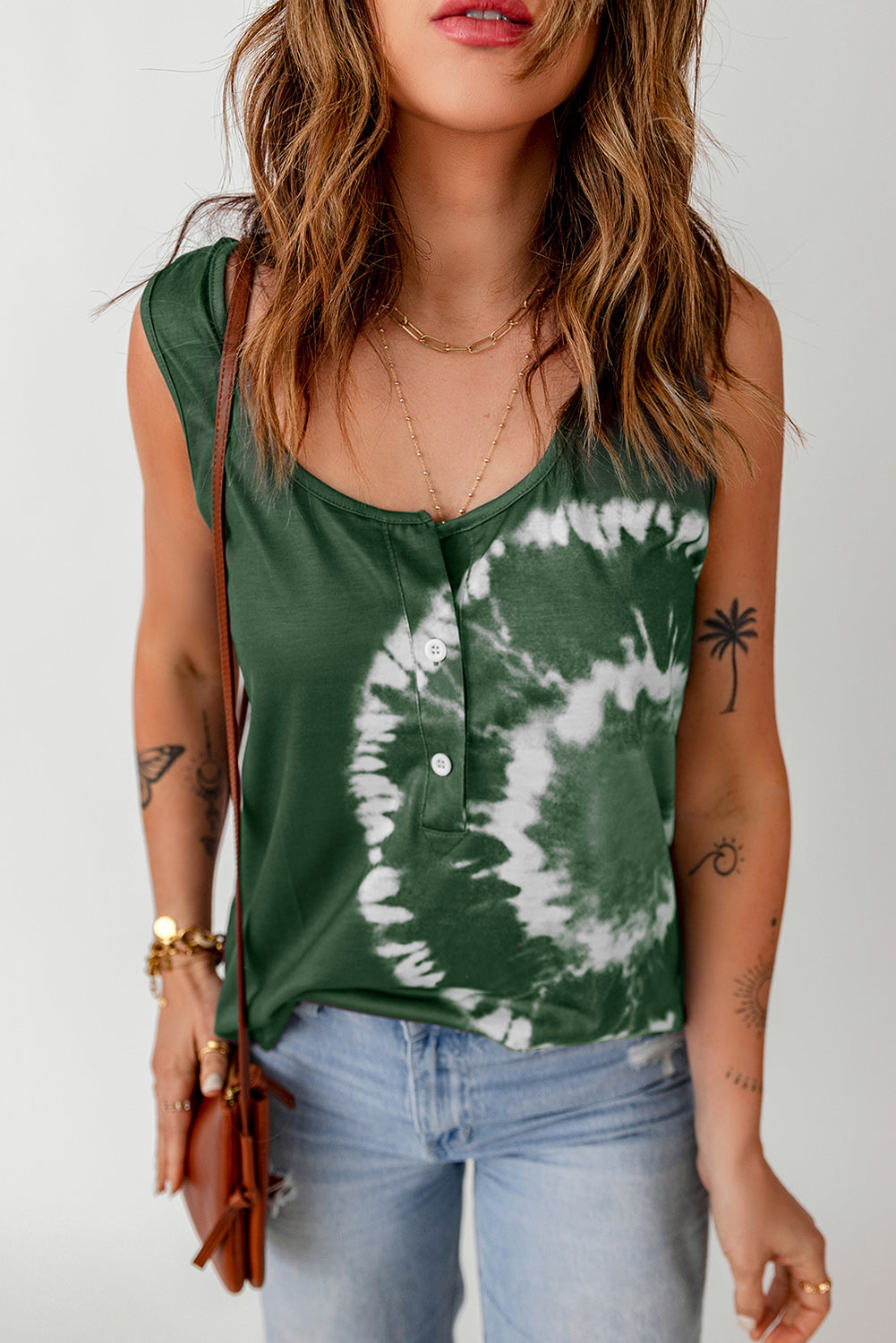 Tie-Dye Scoop Neck Henley Tank-Teresa&#39;s Fashionista LLC