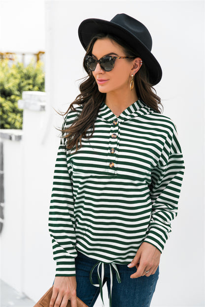 Striped Half-Button Dropped Shoulder Hoodie-Teresa&#39;s Fashionista LLC