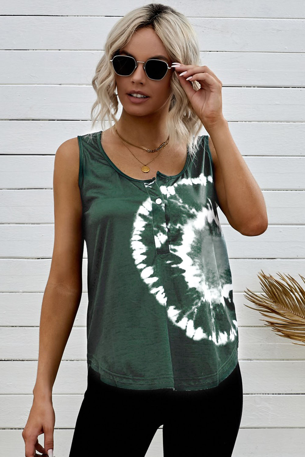 Tie-Dye Scoop Neck Henley Tank-Teresa&#39;s Fashionista LLC