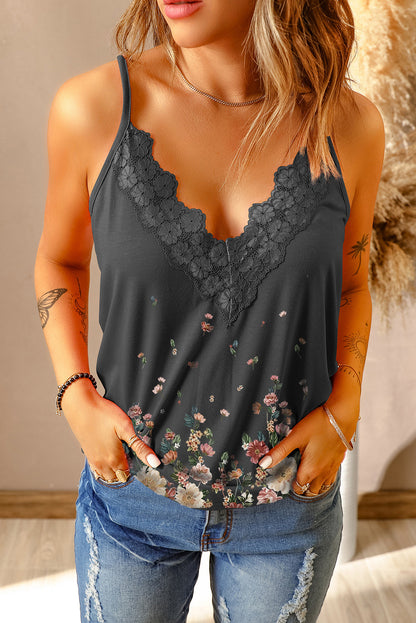 Floral Lace Trim Scalloped Plunge Cami-Teresa&#39;s Fashionista LLC