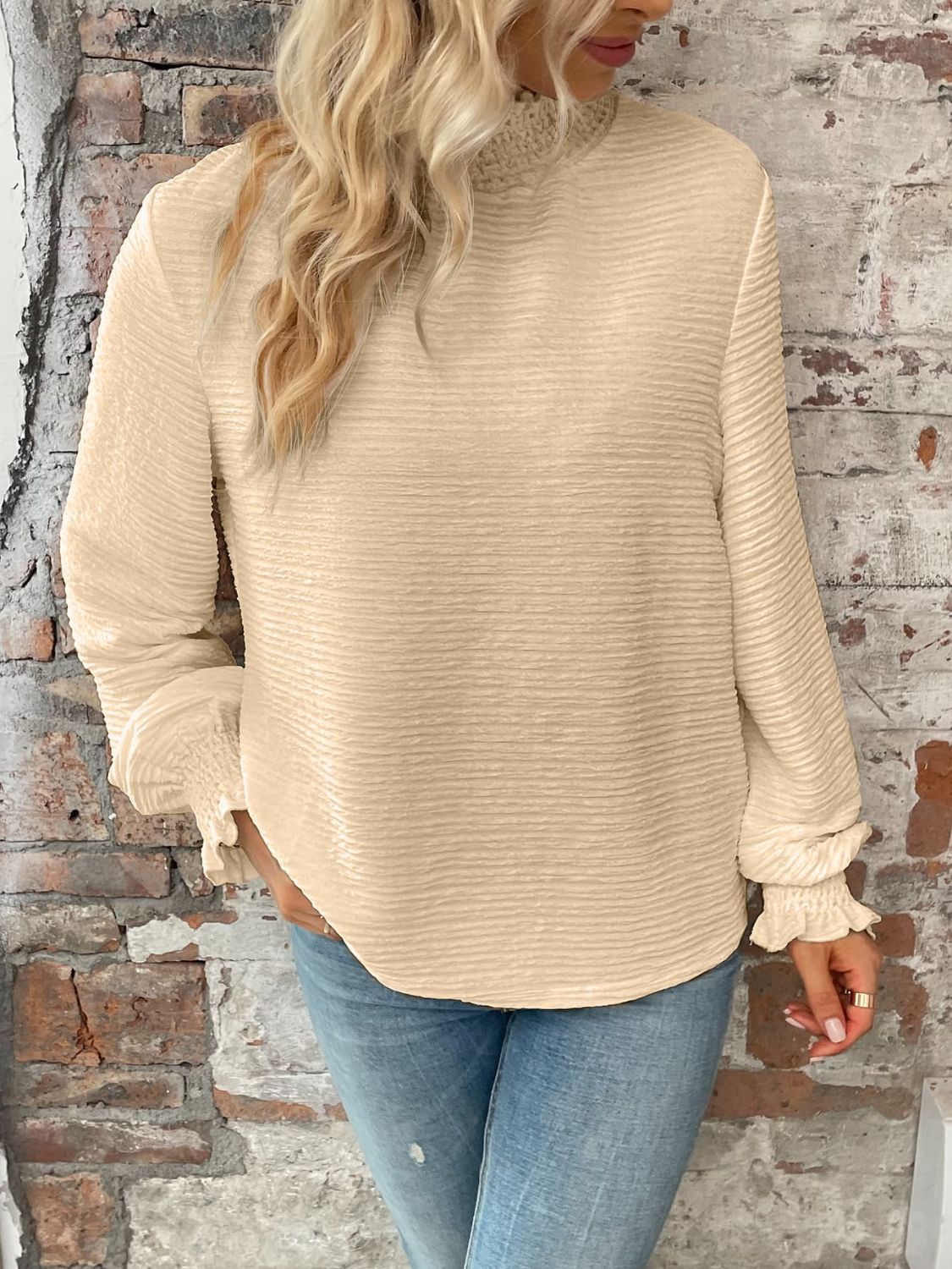 Smocked Mock Neck Flounce Sleeve Top-Teresa&#39;s Fashionista LLC