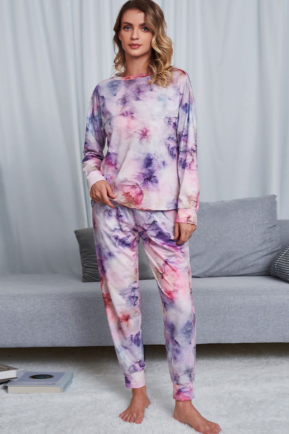 Tie-Dye Crewneck Top and Drawstring Waist Joggers Lounge Set-Teresa&#39;s Fashionista LLC