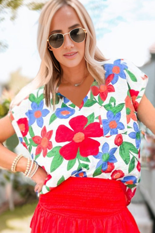 Floral V-Neck Short Sleeve Top-Teresa&#39;s Fashionista LLC