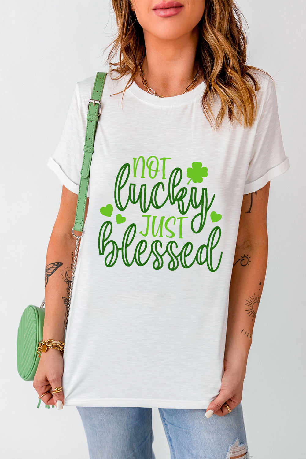 NOT LUCKY JUST BLESSED Round Neck T-Shirt-Teresa&#39;s Fashionista LLC