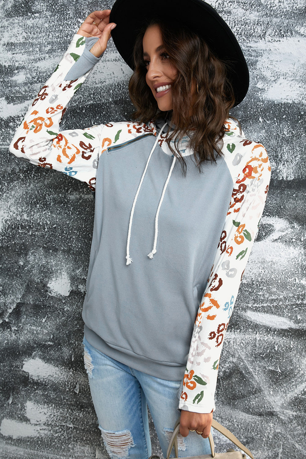 Printed Drawstring Detail Raglan Sleeve Hoodie-Teresa&#39;s Fashionista LLC