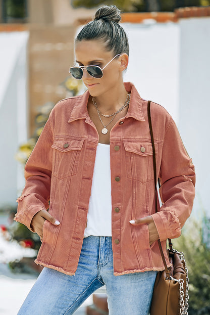 Distressed Raw Hem Denim Jacket-Teresa&#39;s Fashionista LLC