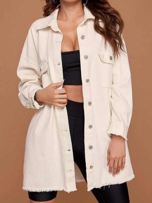 Collared Neck Button-Up Dropped Shoulder Denim Jacket-Teresa&#39;s Fashionista LLC