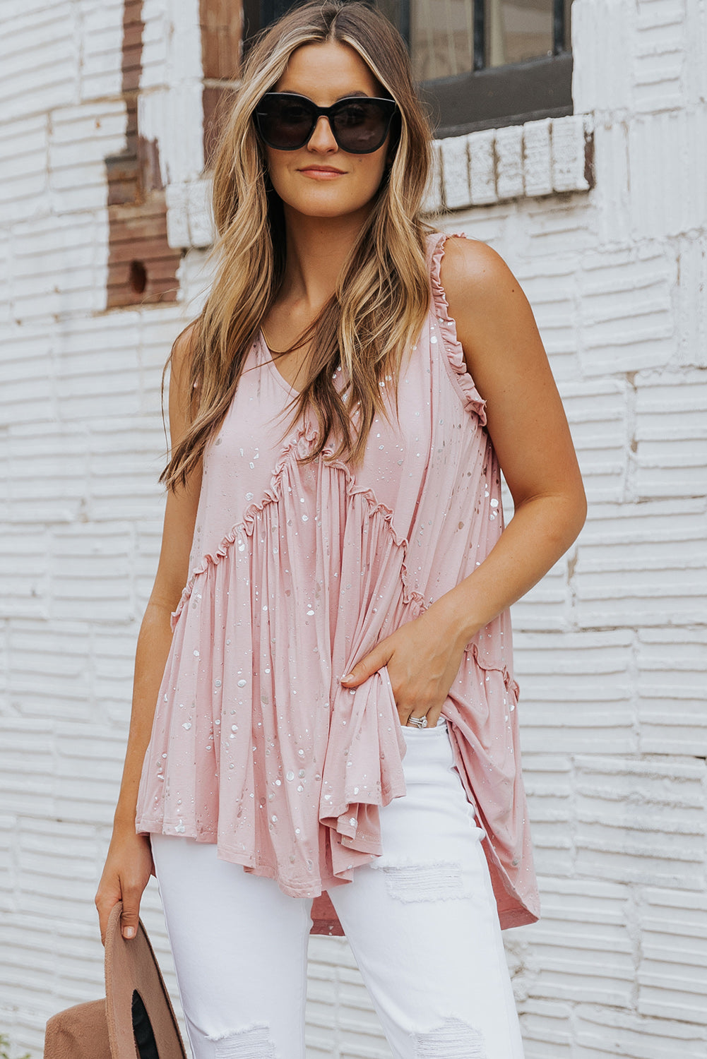 Foil Frill Trim Sleeveless Top-Teresa&#39;s Fashionista LLC