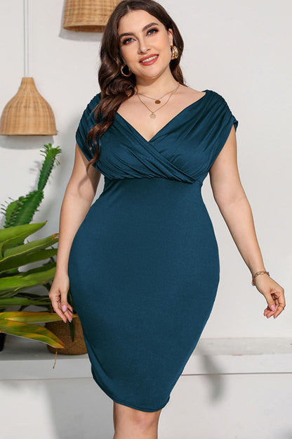 Plus Size Ruched V-Neck Dress-Teresa&#39;s Fashionista LLC